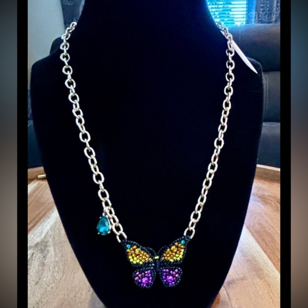 BETSEY JOHNSON Multicolor Crystals Set in Butterfly Pendant Setting Necklace NWT